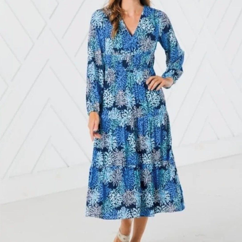 Sail To Sable Women's S Long Sleeve Blue Coral Print Midi‎ Dress Coastal Resort